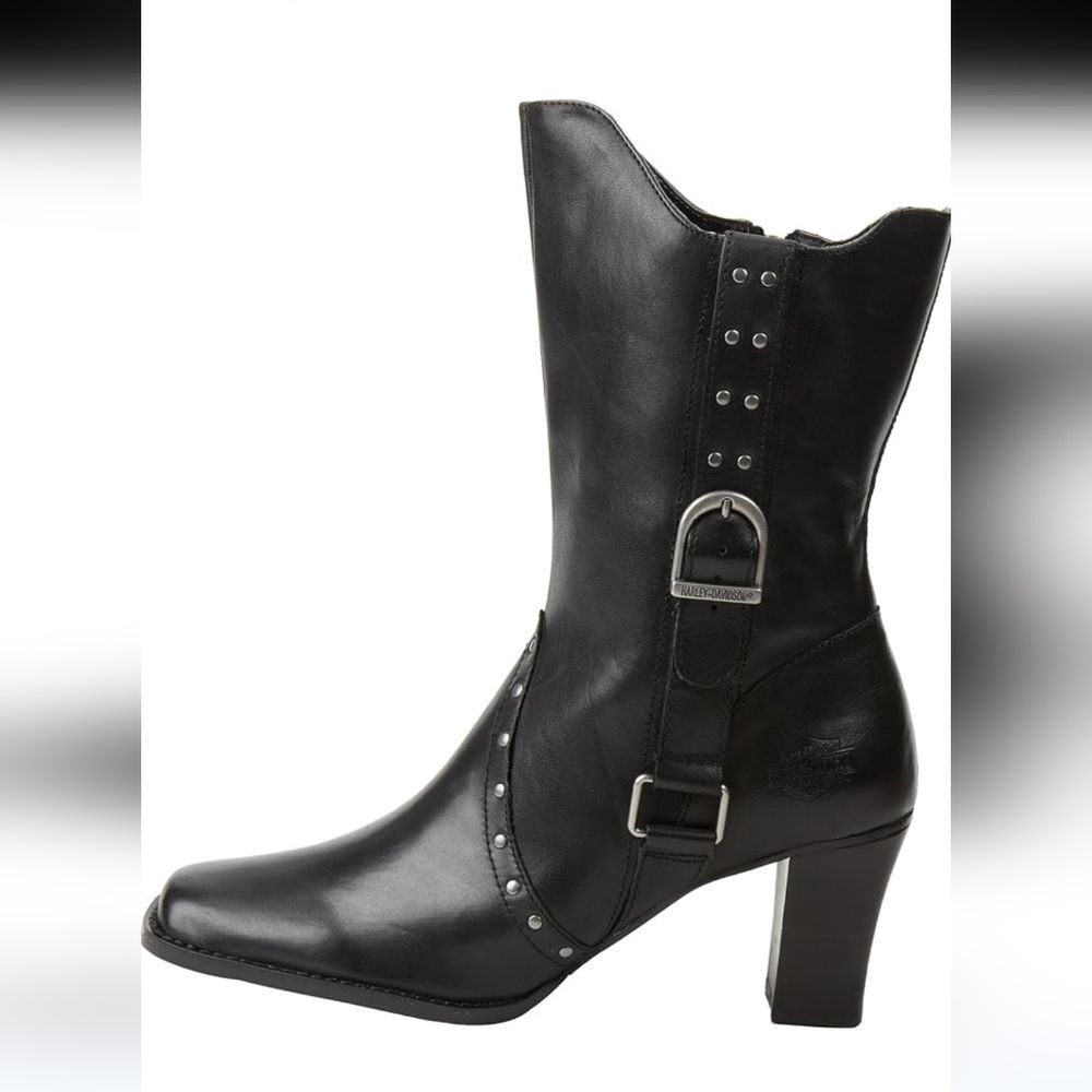 Harley Davidson Johanna Zip Side Studded Motorcycle Boots Black Leather Heeled